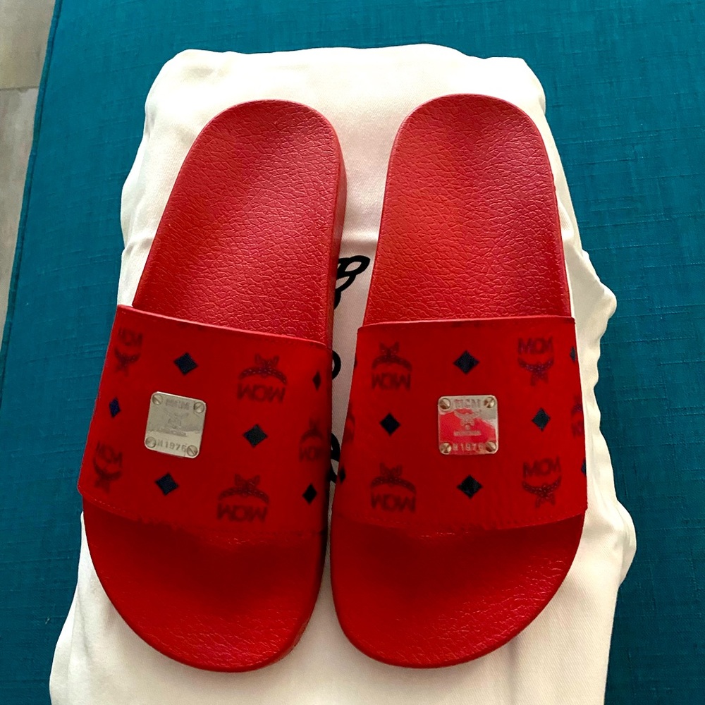 Brand New Authentic Women’s MCM Visetos Slides- Candy Red